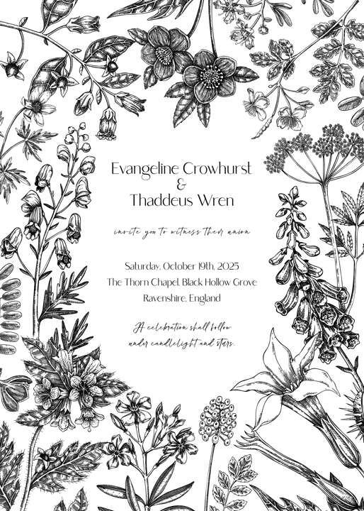 Gothic wedding invitation design. Poisonous plant sketches. Hhand drawn illustration. Witchcraft, witch herbs apohecary frame template.  NOT AI generated